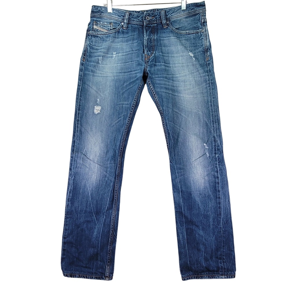 Diesel Viker Jeans Mens 35x34 Blue Distressed Straight Leg Button Fly